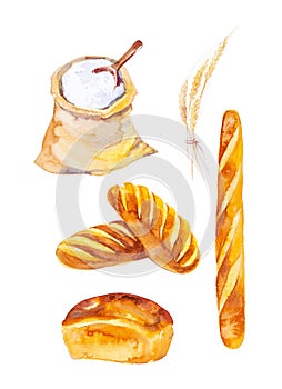 Set of a bag of flour with a spoon, different bread and wheat spikelets. Watercolor illustrations isolated on a white background