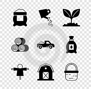 Set Bag of flour, Watering can, Plant, Scarecrow, Farm house, Basket, Roll hay and Pickup truck icon. Vector