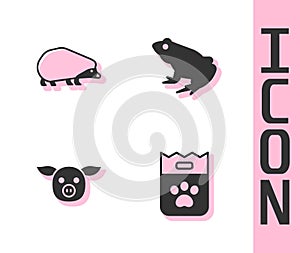 Set Bag of food, Hedgehog, Pig and Frog icon. Vector