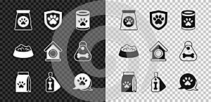 Set Bag of food for pet, Animal health insurance, Canned, Dog collar with bone, Paw print, Pet bowl cat dog and house