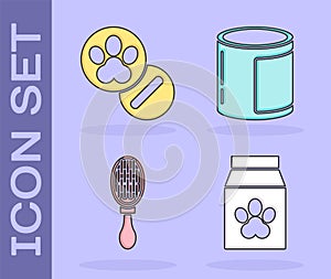 Set Bag of food for pet, Dog and pills, Hair brush for dog and cat and Canned food icon. Vector