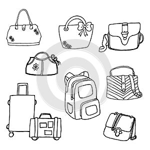 Set of bag isolated on white background. handbag, travel bag and slingbag icon. female accessories. hand drawn vector. doodle art