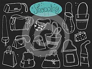 Set of bags, shopping icon doodles on chalkboard. Hand drawn sketched. Vector Illustration.