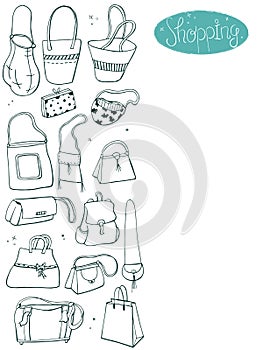 Set of bags, shopping icon doodles. Hand drawn sketched. Vector Illustration.