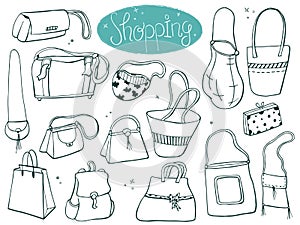 Set of bags, shopping icon doodles. Hand drawn sketched. Vector Illustration.