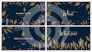 Set of Bakery backgrounds with wheats. Linear graphic. Bread banner collection. Bread house. Vector illustration.