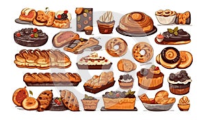 Set of bakery, flat cartoon isolated on white background. Vector illustration