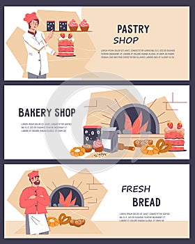 Set of bakery and pastry shop banner or flyer vector templates