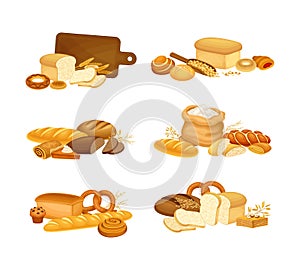 Set of bakery products and bread assortment. Loaf and whole grain bread, sack of wheat, bun, pretzel cartoon vector