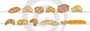 Set of bakery products one line colored continuous drawing. Whole grain, wheat bread, pretzel, ciabatta, croissant