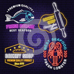 Set of Bakery and seafood badges. Vector. For emblem, sign, menu restaurants with rolling pin, bread, wheat ears