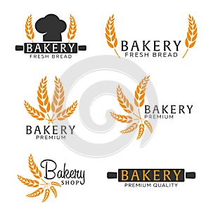 Set of Bakery shop emblem, labels, logo and design elements. Bread and wheat. Vector illustration.