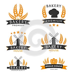 Set of Bakery shop emblem, labels, logo and design elements. Bread and wheat. Vector illustration.