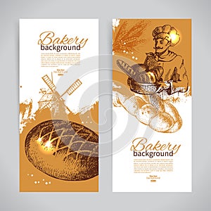 Set of bakery sketch banners. Vintage hand drawn illustrations