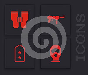 Set Balaclava, Binoculars, Submachine gun M3 and Military rank icon. Vector photo