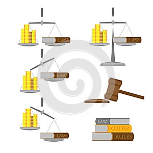Set of balance with money (gold coins) and lawbook