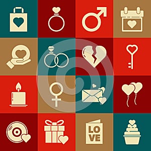 Set , Balloons in form of heart, Key shape, Male gender symbol, Wedding rings, Heart hand, Shopping bag with and Broken