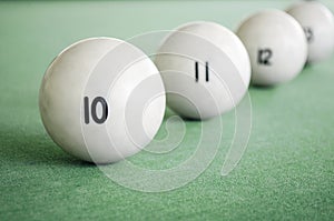 Set of balls for billiards on green table. Billiard table with balls