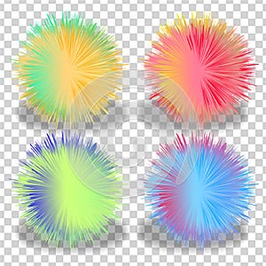 Set of balls with fur effect. colorful shaggy ball. Colorful cartoon fluffy pompons. Fur balls. Vector isolated on white