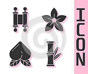 Set Bamboo, Decree, paper, parchment, scroll, Peach fruit and Lotus flower icon. Vector