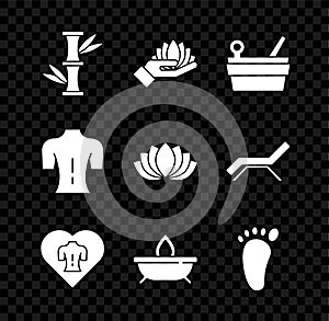 Set Bamboo, Lotus flower, Sauna bucket and ladle, Massage, Aroma candle, Foot massage, and icon. Vector