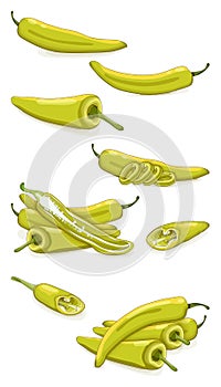 Set of Banana Pepper. Whole, half, sliced and wedges peppers. Yellow wax pepper. Banana chili pepper. Capsicum annuum. Vegetables