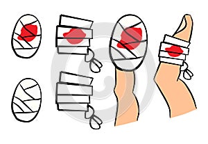 Set of bandage with red blood puddle. Medical equipment in different shapes single and on finger. Vector illustration on