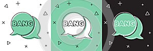 Set Bang boom, gun Comic text speech bubble balloon icon isolated on white and green, black background. Vector
