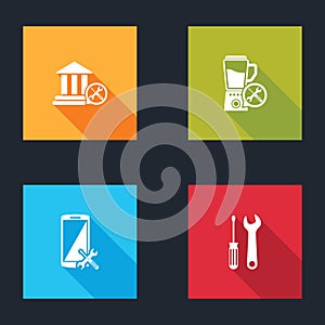 Set Bank building service, Blender, Smartphone and Screwdriver and wrench icon. Vector