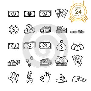 Set of banknote, coin, money bag and money in hand line icon for website, infographic or business, simple symbol. Editable Stroke