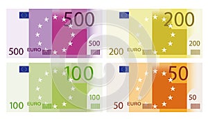 Set of banknotes of 500, 200, 100 and 50 euros. Templates for design. Isolated vector on white background