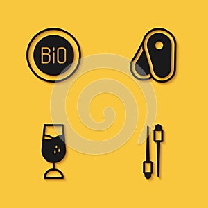 Set Banner for bio, Food chopsticks, Wine glass and Steak meat icon with long shadow. Vector