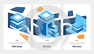 Set of banner for data storage access and processing, server room, datacenter isometric vector