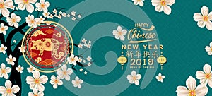 Set Banner Happy Chinese New Year 2019, Year of the Pig. Lunar new year. Chinese characters mean Happy New Year