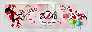 Set Banner Happy new year 2018 greeting card and chinese new year of the dog, Cherry blossom background