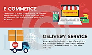 Set of banner online shopping, e-commerce on device and truck shipping delivery service
