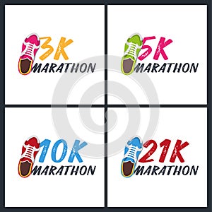 Set of banners. 3K, 5K, 10K and 21K Marathon Run Event with sneakers. Vector illustration.