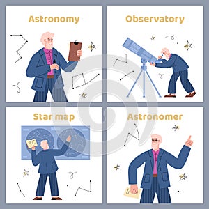 Set of banners on astronomy science and space study, flat vector illustration.