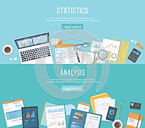 Set of banners backgrounds for business and finance. Statistics, analysis. Documents, graphics, folders.