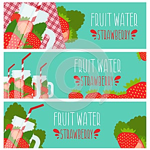 Set of banners with bright fruit water jar with strawbe