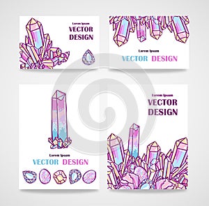 Set of banners and business cards with crystals. Vector poster with magical crystals.