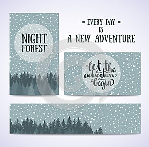 Set of banners and cards with night sky with stars and forest. Vector hand drawn illustration.