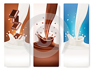 Set of banners with chocolate and milk splashes.