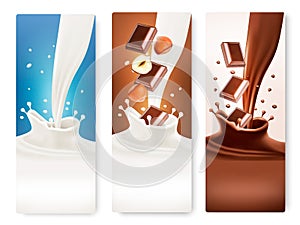 Set of banners with chocolate and milk splashes.