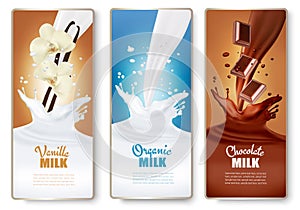 Set of banners with chocolate and milk splashes. photo