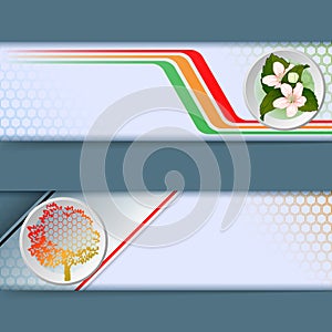 Set of banners with colorful linear design, bouquet of flowers, generic tree