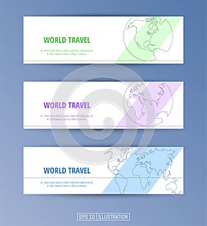 Set of banners. Continuous line drawing of globe and world map. Editable masks. Template for your design works.