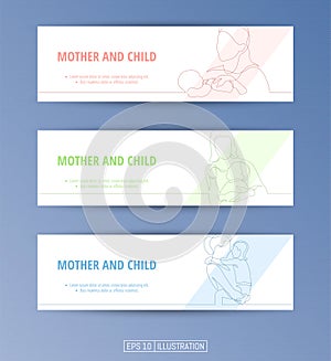 Set of banners. Continuous line drawing of mother and child. Editable masks. Vector illustration.