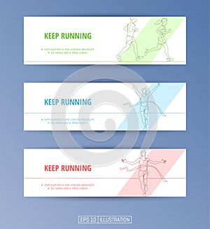 Set of banners. Continuous line drawing of running woman, running man, runner finish. Editable masks.