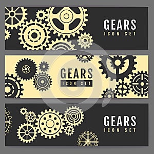 Set of banners with different gears. Cog icon design.